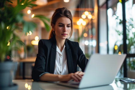 A businesswoman using a laptop to manage human resources, with a look of professionalism on her face.の素材