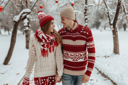 a couple in matching sweaters and scarves walking in a snowy park, in the style of winter, cozy, romantic.の素材