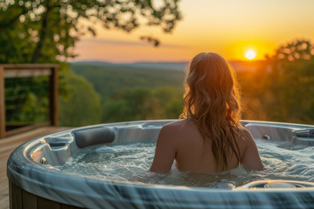 A girl soaking in a hot tub, with a view of the sunset.の素材