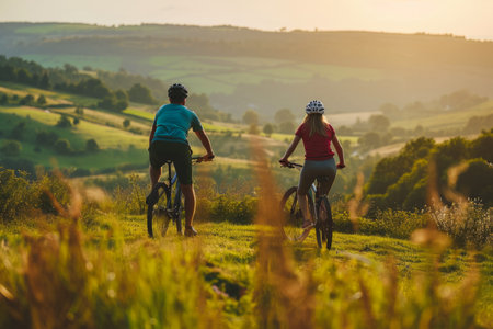 man and a woman cycling through picturesque countryside, enjoying the scenery.の素材