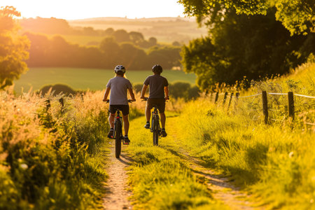 A man and a woman cycling through picturesque countryside, enjoying the scenery.の素材