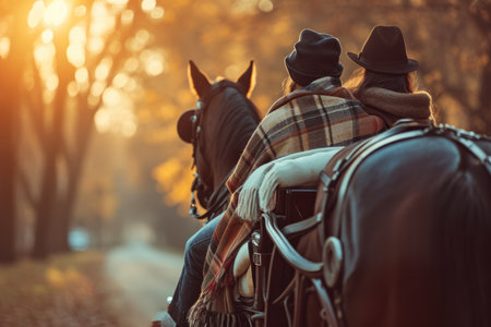 A man and a woman enjoying a horse-drawn carriage ride, with a blanket over their laps.の素材