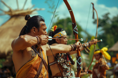 A man and a woman practicing archery, with bows and arrows in their hands.の素材