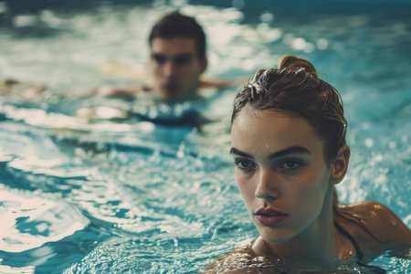 A man and a woman swimming laps in a pool, with a look of focus on their faces.の素材