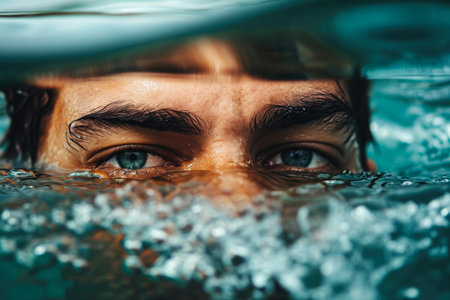 A man trying to find a way out of the water, with his eyes scanning the surface.の素材
