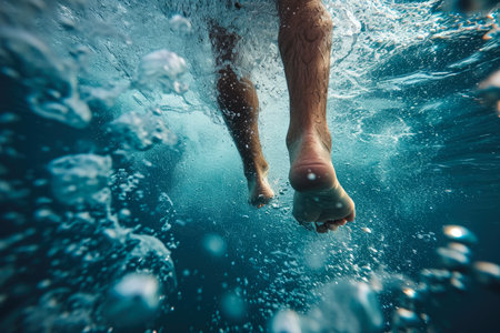 A man trying to swim to the surface, with his legs kicking frantically.の素材