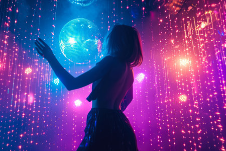 a model dancing in a club with a neon lights and a disco ball in a night scene.の素材