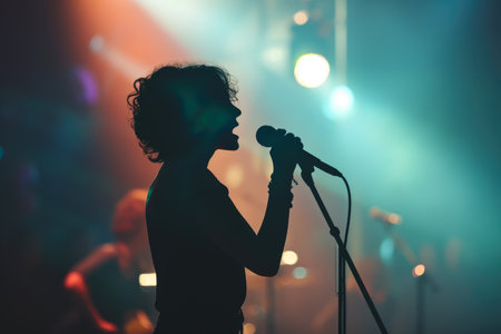 a model singing in a stage with a spotlight and a crowd in a concert performance.の素材