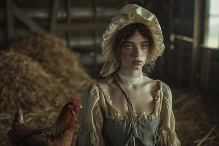 a model wearing a bonnet and a dress in a farm with a chicken.の素材