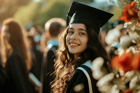 a model wearing a cap and a gown in a graduation ceremony with a diploma.の素材