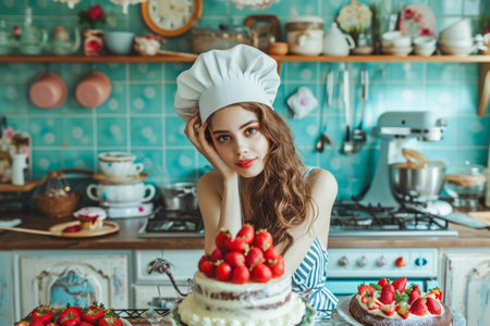 a model wearing a chef hat and a apron in a kitchen with a cake.の素材