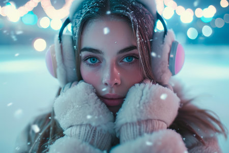 a model wearing a earmuffs and a gloves in a ice rink with a skates.の素材