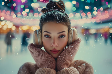 a model wearing a earmuffs and a gloves in a ice rink with a skates.の素材