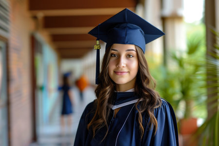 a model wearing a graduation cap and a gown in a school with a diploma.の素材