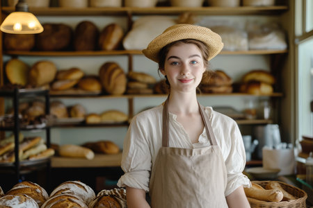 a model wearing a hat and a apron in a bakery with a bread.の素材