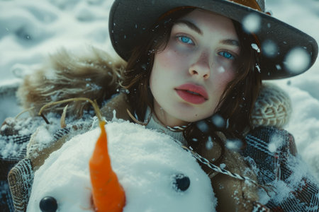 a model wearing a hat and a coat in a snowman with a carrot.の素材