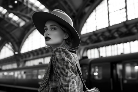 a model wearing a hat and a coat in a train station with a luggage.の素材