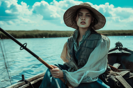 a model wearing a hat and a vest in a fishing boat with a rod.の素材