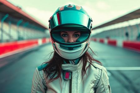 a model wearing a helmet and a jacket in a race track with a car.の素材