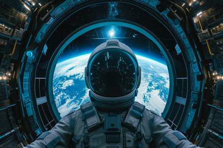 a model wearing a helmet and a suit in a space station with a earth.の素材