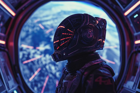 a model wearing a helmet and a suit in a space station with a earth.の素材