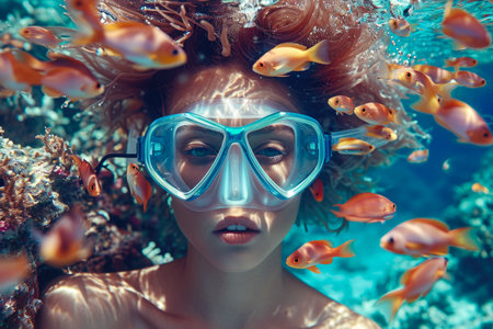 a model wearing a mask and a snorkel in a coral reef with a fish.の素材