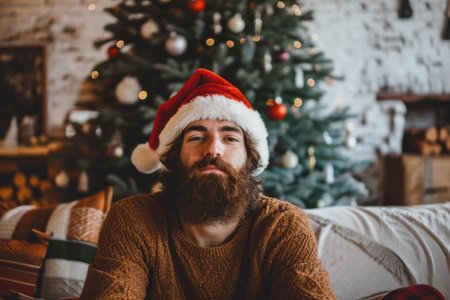 a model wearing a santa hat and a beard in a living room with a christmas tree.の素材