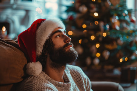 a model wearing a santa hat and a beard in a living room with a christmas tree.の素材