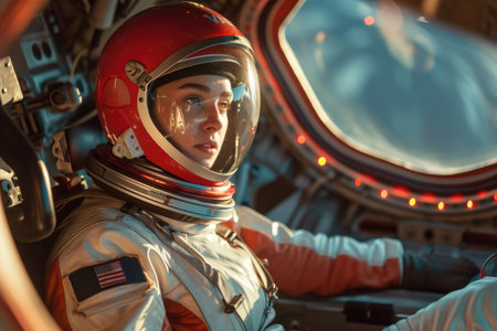 a model wearing a spacesuit and a helmet in a spaceship with a planet.の素材
