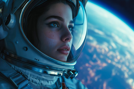 a model wearing a spacesuit and a helmet in a spaceship with a planet.の素材