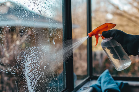 A person cleaning a window in a house with a spray and a cloth.の素材