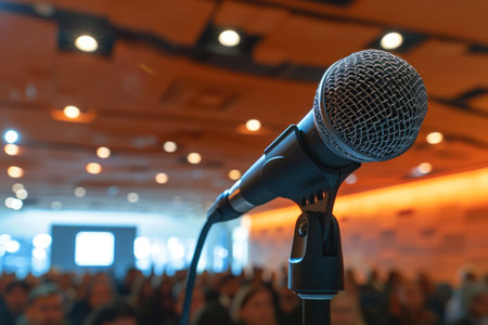 A person giving a speech at a conference with a microphone and a projector.の素材