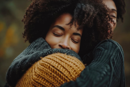 A person hugging a loved one with a tender look on their face.の素材