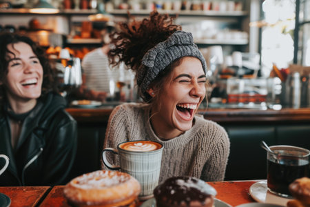A person laughing with a friend in a cafe with a mug and a cakeの素材