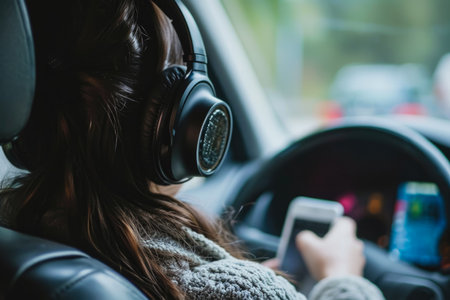 A person listening to a podcast in a car with headphones and a phone.の素材
