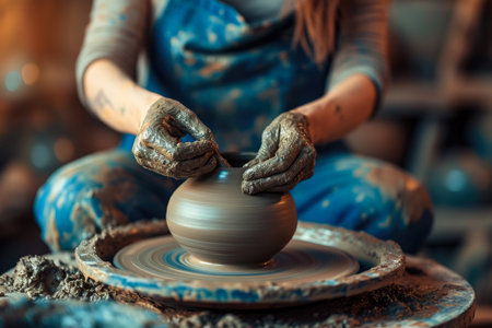 Hands of young woman master of ceramics working on a potter's wheel, making plate of clay in own art studio. Close up, top viewの素材