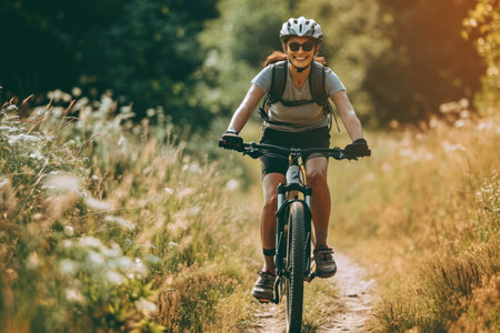 A person riding a bike on a trail with a happy look on their face and a flexible spine showing the balance of their body.の素材
