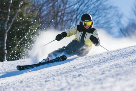 A person skiing on a snowy slope with goggles and skis.の素材