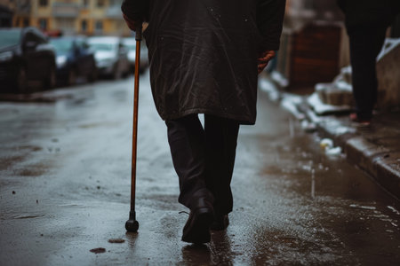 A person walking on a street with a cane and a hunched back.の素材