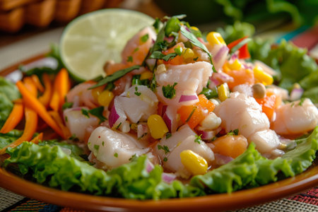 Peruvian seafood dish with raw fish marinated in lime juice, onion, cilantro, and chili peppers.の素材