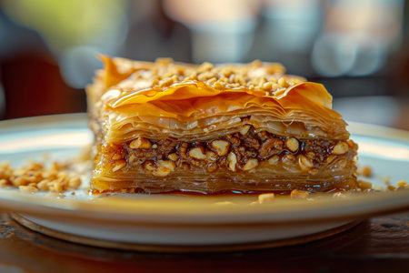 a slice of baklava, a Turkish dessert with layers of filo pastry, nuts, and honey, cut into diamond shapes, in the style of sweet, crunchy, sticky.の素材