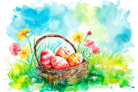 A watercolor illustration of a basket of Easter eggs with flowers, with a beautiful garden in the background.の素材