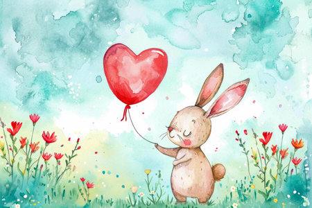 A watercolor illustration of a bunny holding a heart-shaped balloon, with a beautiful garden in the backgroundの素材