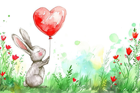 A watercolor illustration of a bunny holding a heart-shaped balloon, with a beautiful garden in the backgroundの素材