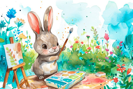 A watercolor illustration of a bunny holding a paintbrush, with a beautiful garden in the background.の素材