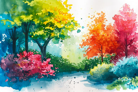 A watercolor illustration of a colorful burst, with a beautiful garden in the backgroundの素材