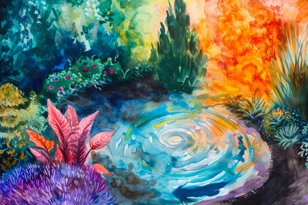 A watercolor illustration of a colorful splash, with a beautiful blue sky in the backgroundの素材