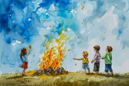 A watercolor illustration of a group of children having a bonfire on Easter.の素材