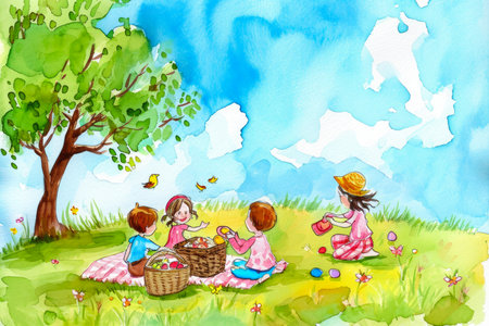 A watercolor illustration of a colorful wave, with a beautiful garden in the background.の素材