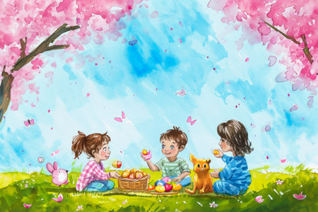 A watercolor illustration of a colorful wave, with a beautiful garden in the background.の素材